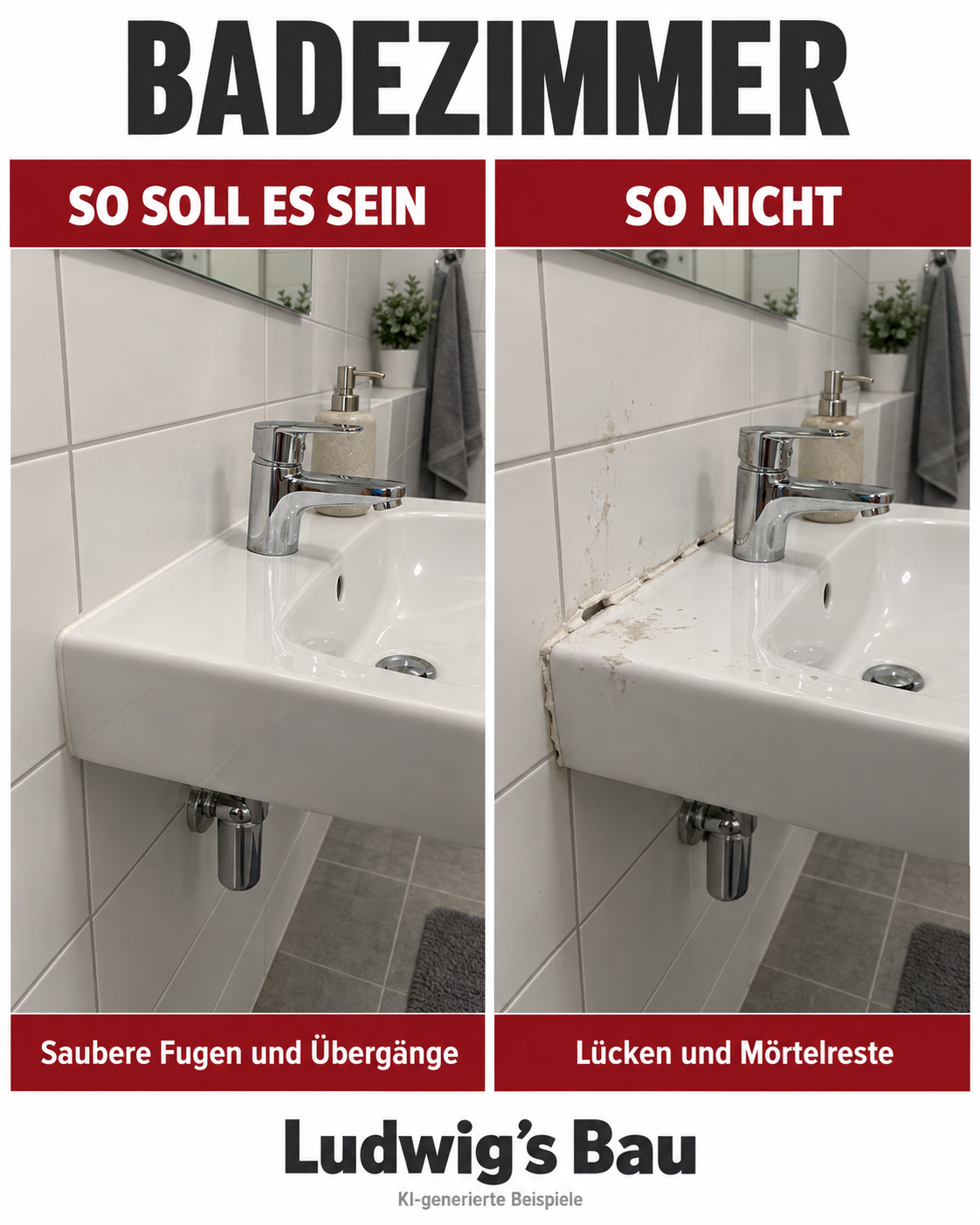 KI-Beispiel: Saubere Übergänge am Waschbecken und sichtbare Fehlstellen