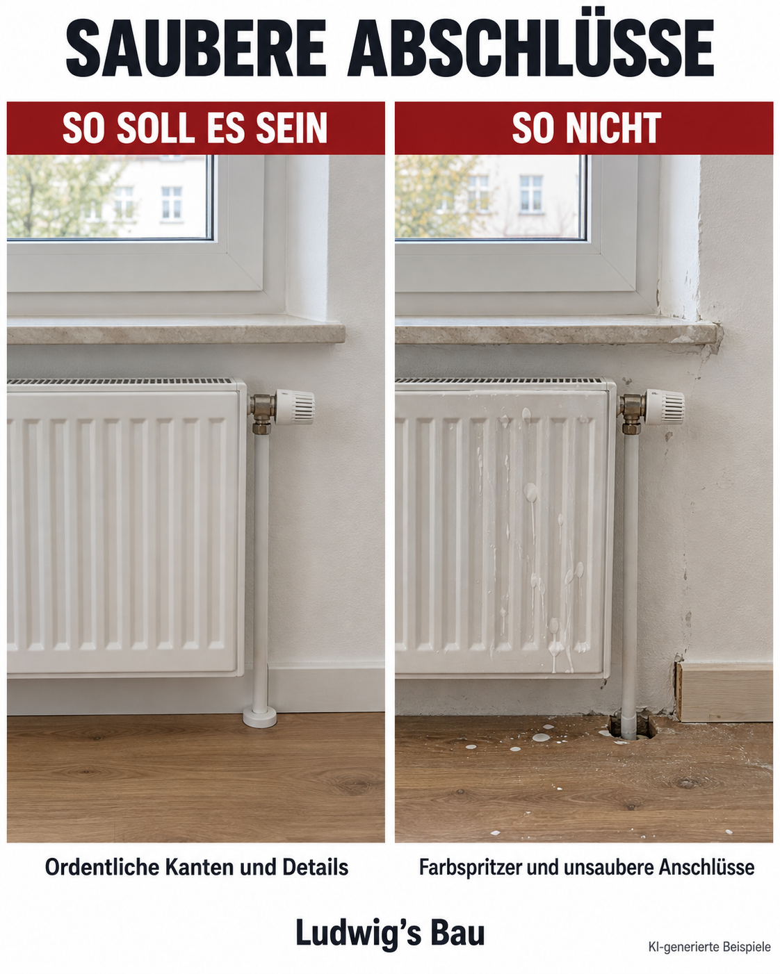 KI-Beispiel: Ordentliche Abschlüsse an Fensterbank und Heizkörper